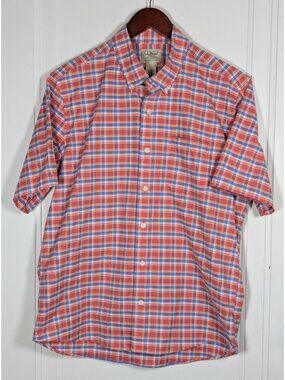 LL Bean Shirt Mens Medium Check Plaid Short Sleeve Colorful Cotton Button Up